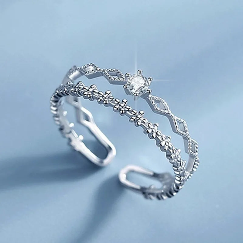 VENTFILLE 925 Sterling Silver Flower Lace Ring Korean Fashion Opening Inlaid CZ Adjustable Rings Valentine's Day Gift
