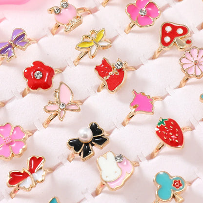 6/12/36pcs Cute Adjustable Rings for  Pretend Play Makeup Toys for Girls Cartoon Crystal Jewelry Alloy Rings Gifts for Girls