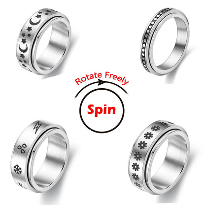 Fidget Spinner Anxiety Rings For Women Men Spinning Rotate Antistress Printing Stainless Steel Ring Accessories Trendy Jewelry