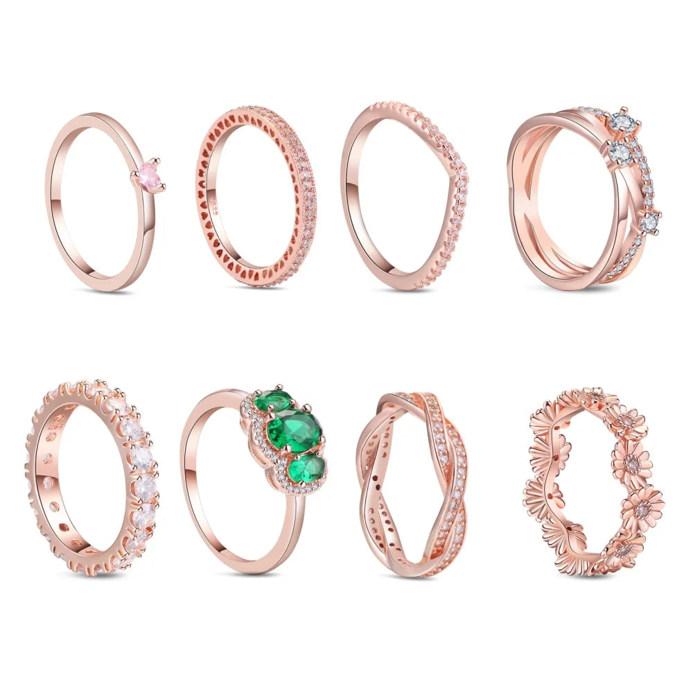 925 Sterling Silver Original Rose Gold Plated Fashion Women Ring Flower Green Zircon Design Jewelry Exquisite Wedding Gift Rings