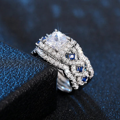 3Pcs/Set 925 Sterling Silver Rings Princess Cut Blue CZ Luxury Wedding Engagement Party Jewelry Set for Women Fashion Accessory