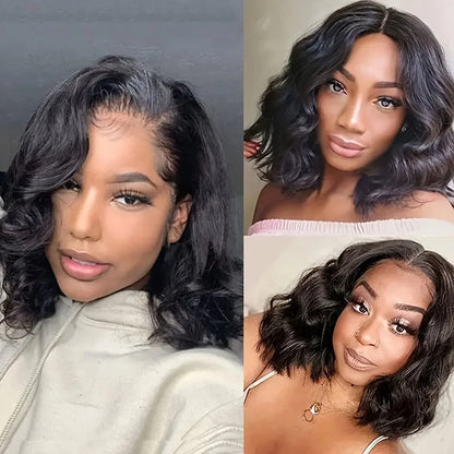 13x6 HD Lace Frontal Glueless Short Bob Wig – Body Water Wave, Natural Black Virgin Hair