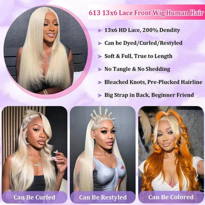 613 Blonde Straight HD Lace Frontal Wig – Pre-Colored Pre-Plucked 13x6, 200%