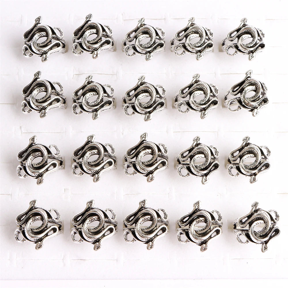 10pcs/lot Men Retro Punk Snake Rings For Women Antique Siver Color Opening Adjustable Jewelry Party Gifts