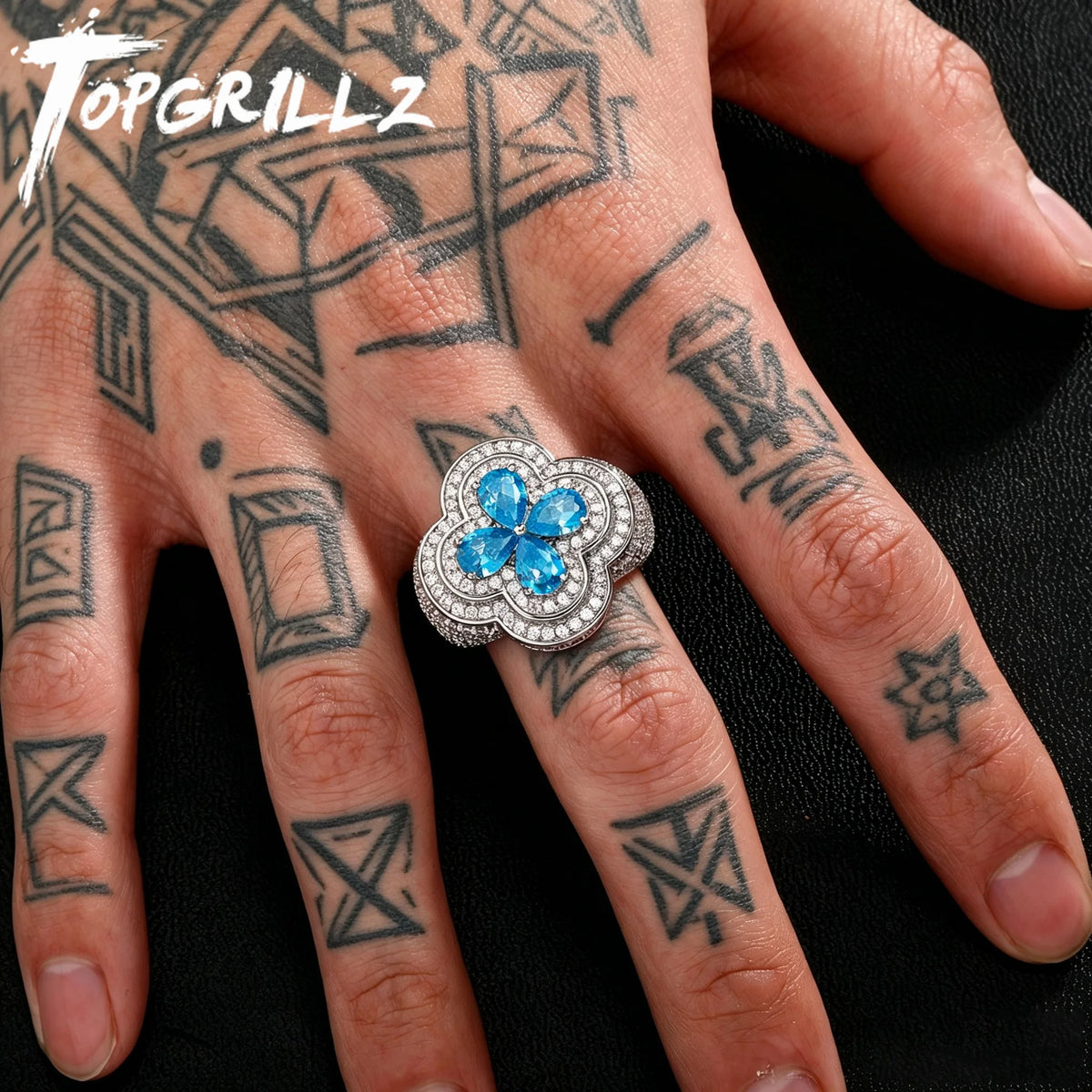TOPGRILLZ Iced Out Colorful Four Leaf Flower Ring Bling Mirco Paved Cubic Zirconia Punk Rings For Men Women Jewelry