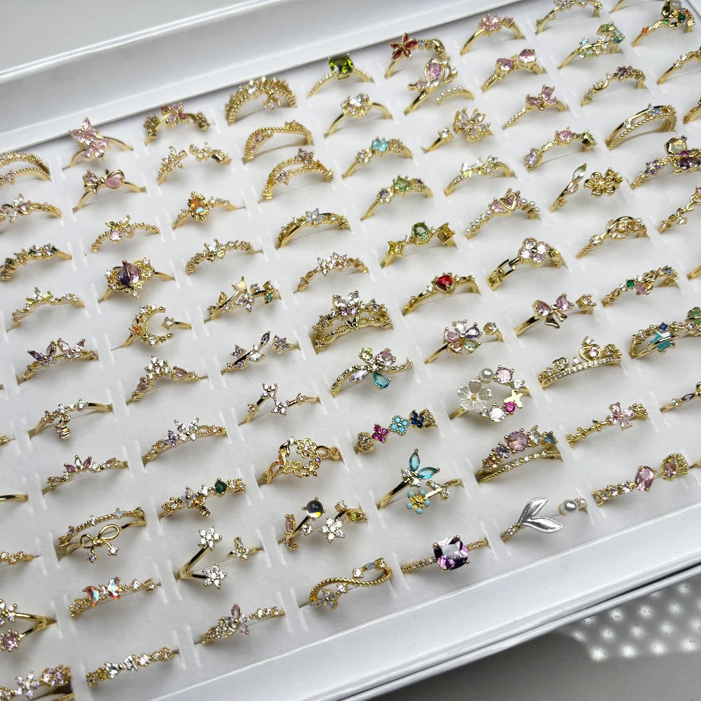 100 styles 14K Gold Plated Color Zircon Flower Crown Bow Open Ring Women Adjustable Stackable Finger Rings Wedding Jewelry Gift