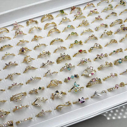 100 styles 14K Gold Plated Color Zircon Flower Crown Bow Open Ring Women Adjustable Stackable Finger Rings Wedding Jewelry Gift