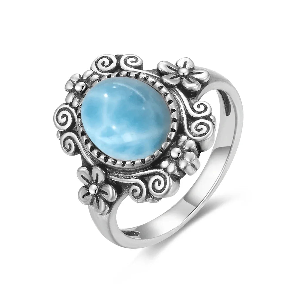 Vintage 925 Silver Natural Larimar Stone Ring Round Flower Shape Sky Blue Sea Water Ring Fine Jewelry Ring Gift For Women Men