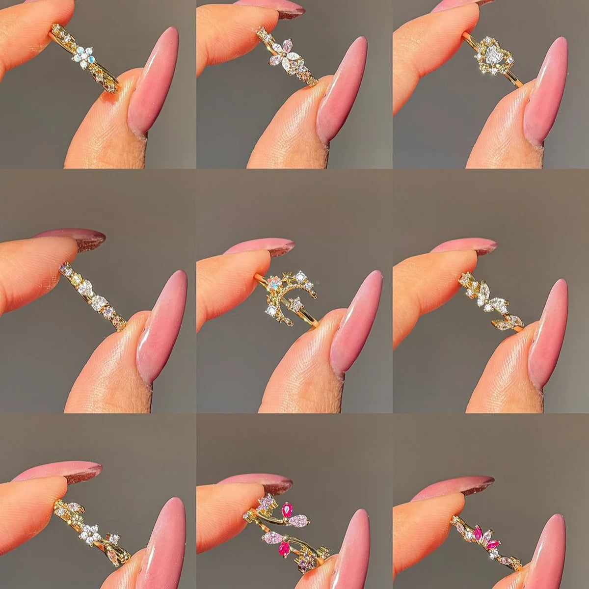 100 styles 14K Gold Plated Color Zircon Flower Crown Bow Open Ring Women Adjustable Stackable Finger Rings Wedding Jewelry Gift