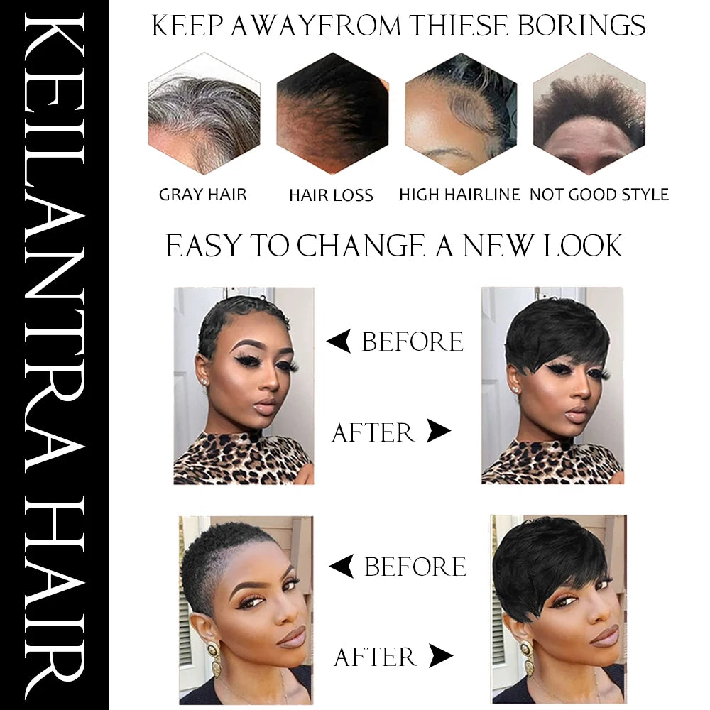 Brown Short Pixie Cut Wig – Human Hair with Bangs, Machine Made for Black Women