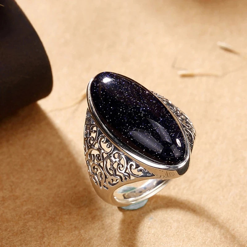 Rings for Women Silver Plated Fine Jewelry Vintage Blue Aventurine Turquoise Hollow Out Elegant Finger Ring Gift