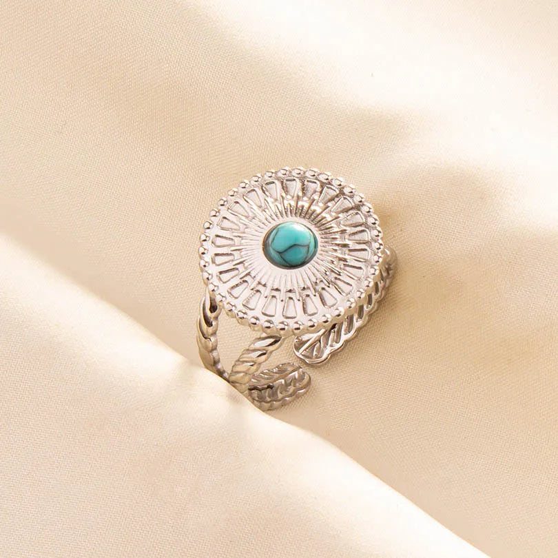 1pc Stainless Steel Boho Turquoise Open Finger Rings Trendy Adjustable Women Ethnic Multi Layers Stackable Anillos Jewelry
