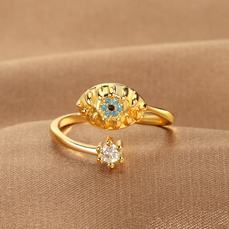 YILUOCD Hamsa Fatima's Hand Open Rings Turkish Blue Cubic Zircon Evil Eye Ring Protection Amulet Islamic Jewish Jewelry