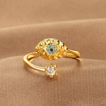 YILUOCD Hamsa Fatima's Hand Open Rings Turkish Blue Cubic Zircon Evil Eye Ring Protection Amulet Islamic Jewish Jewelry