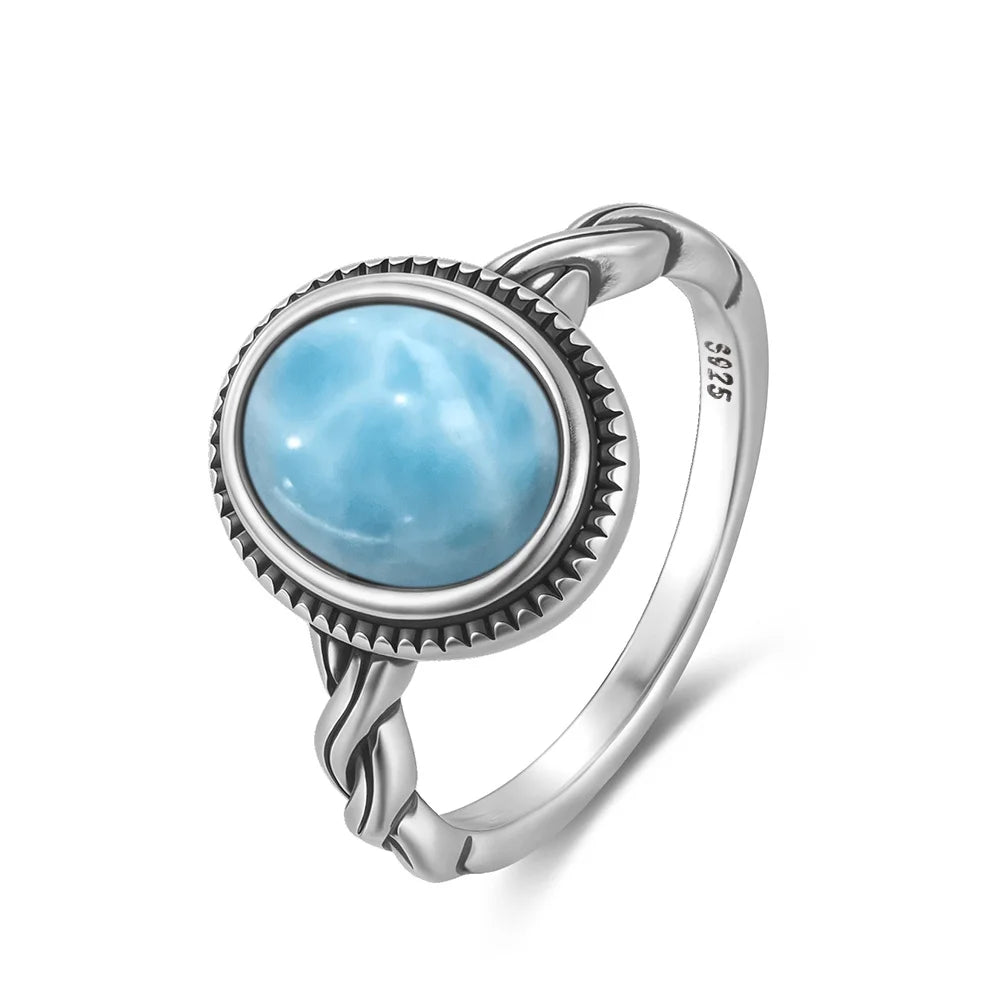 Vintage 925 Silver Natural Larimar Stone Ring Round Flower Shape Sky Blue Sea Water Ring Fine Jewelry Ring Gift For Women Men