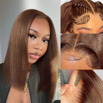 Chocolate Brown Straight Bob Wig – 13x4 Transparent Lace Frontal, 220% Density Short
