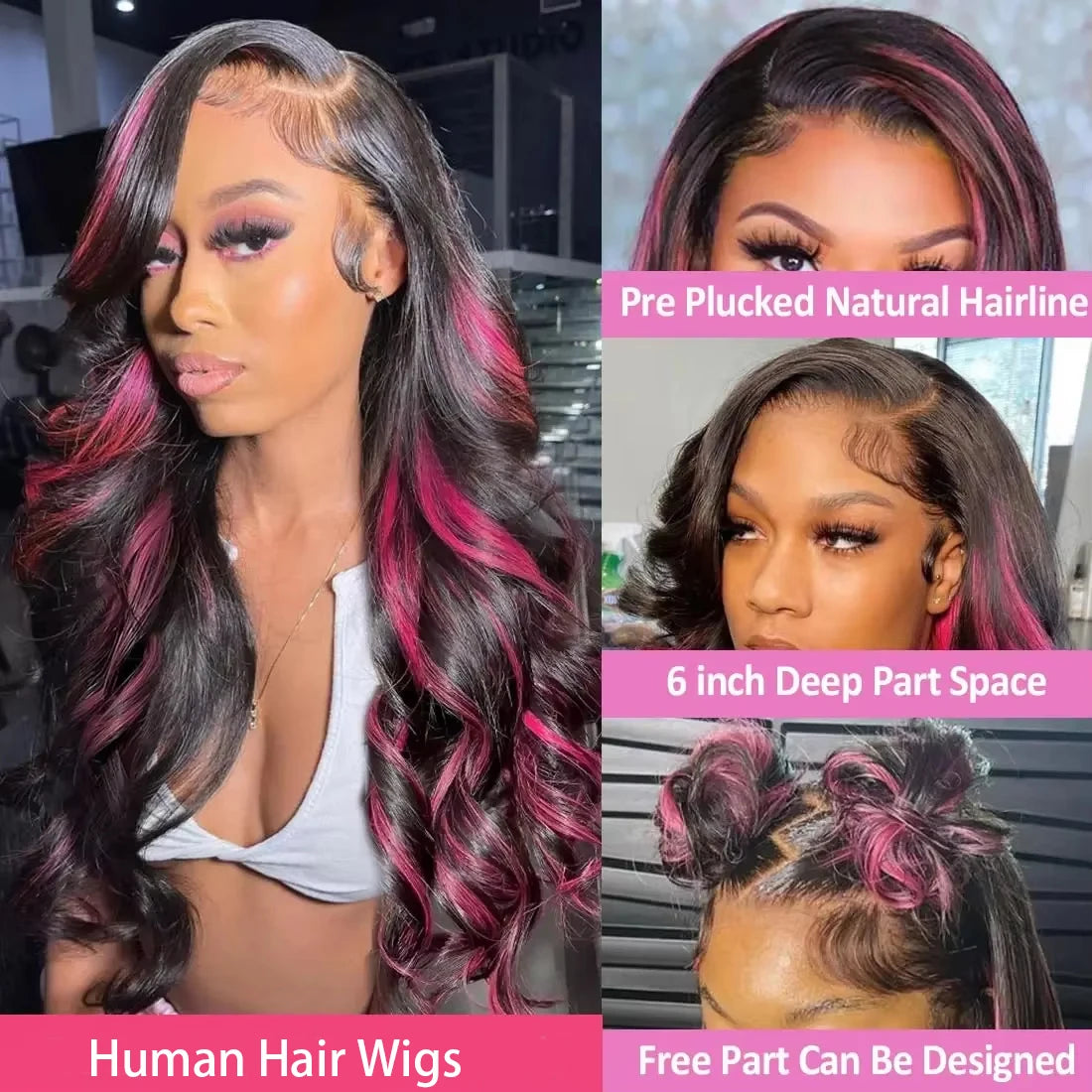 1B/Pink Ombre & Dark Purple Highlight Body Wave HD Lace Frontal Wig – 13x4 & 13x6, 250%