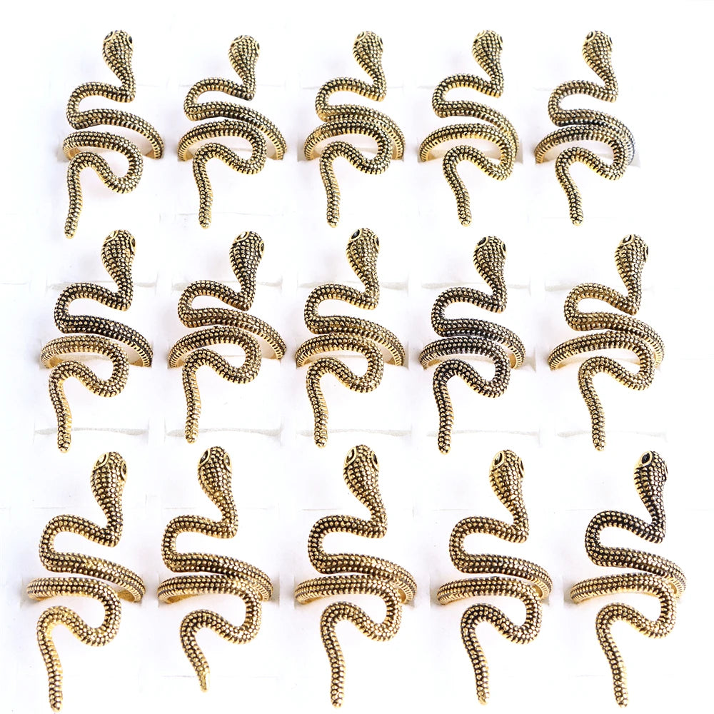 10pcs/lot Men Retro Punk Snake Rings For Women Antique Siver Color Opening Adjustable Jewelry Party Gifts