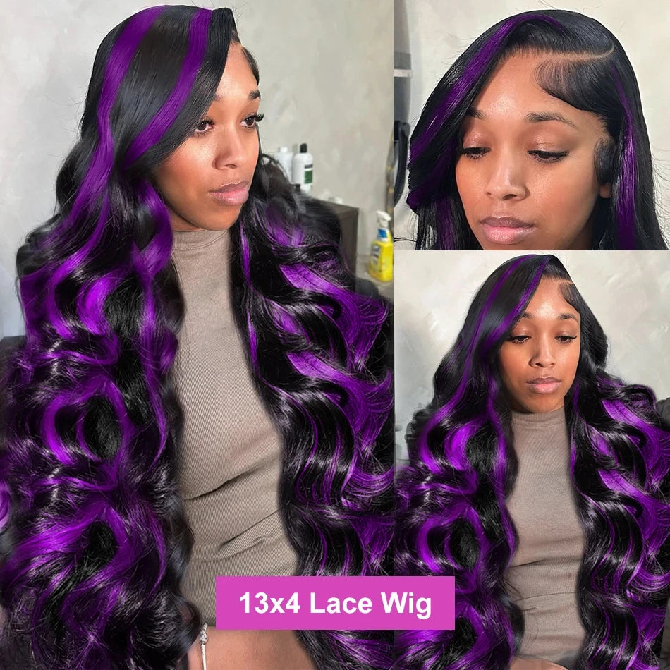 1B/Pink Ombre & Dark Purple Highlight Body Wave HD Lace Frontal Wig – 13x4 & 13x6, 250%