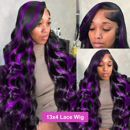 1B/Pink Ombre & Dark Purple Highlight Body Wave HD Lace Frontal Wig – 13x4 & 13x6, 250%