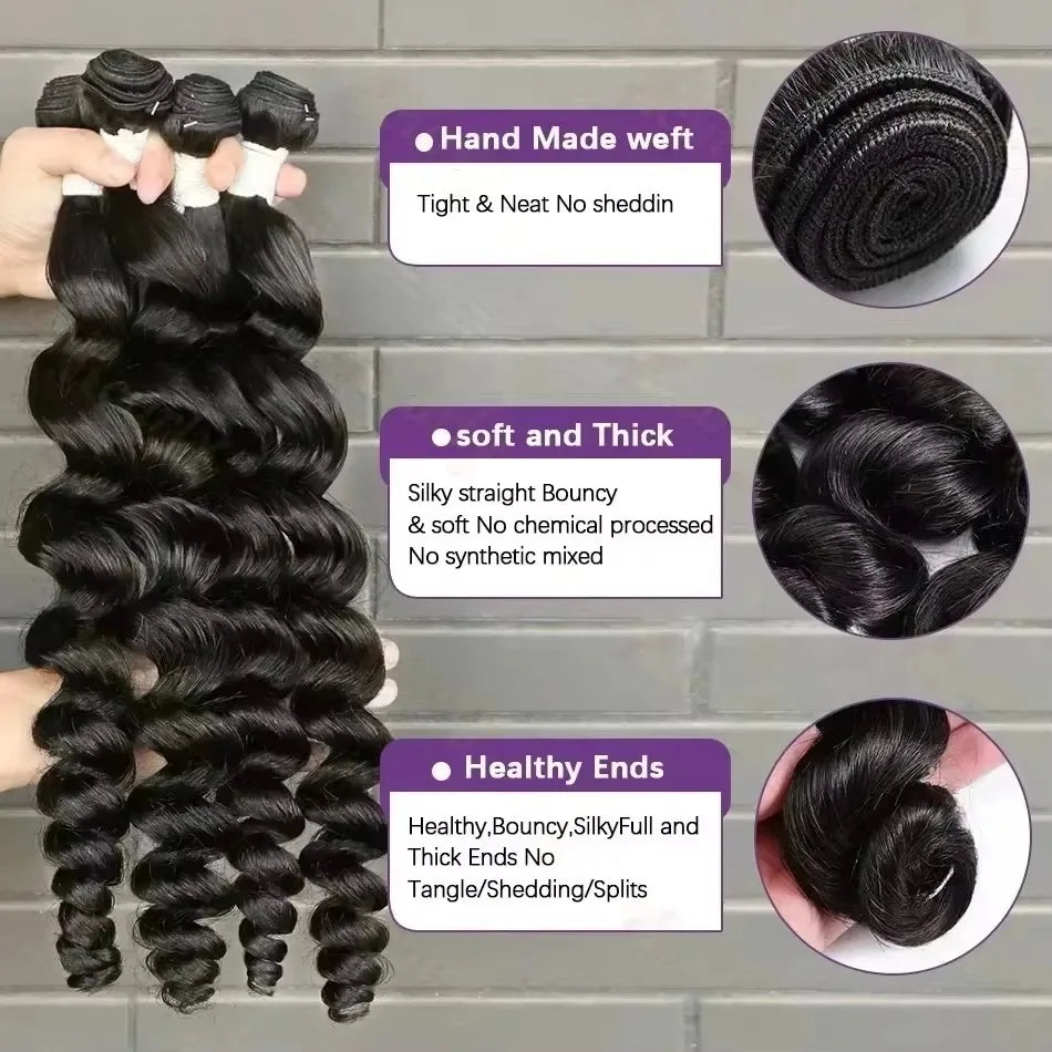 Loose Deep Wave Hair Bundles – Remy Human Hair Weave, 3/4 Bundle Deals, Natural Black