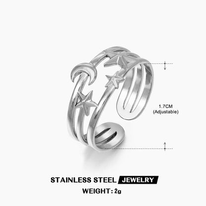 LATS Stainless Steel Y2K Celestial Star Open Rings for Women Men Unique Design Gold Silver Color Adjustable Ring Fashion Jewelry
