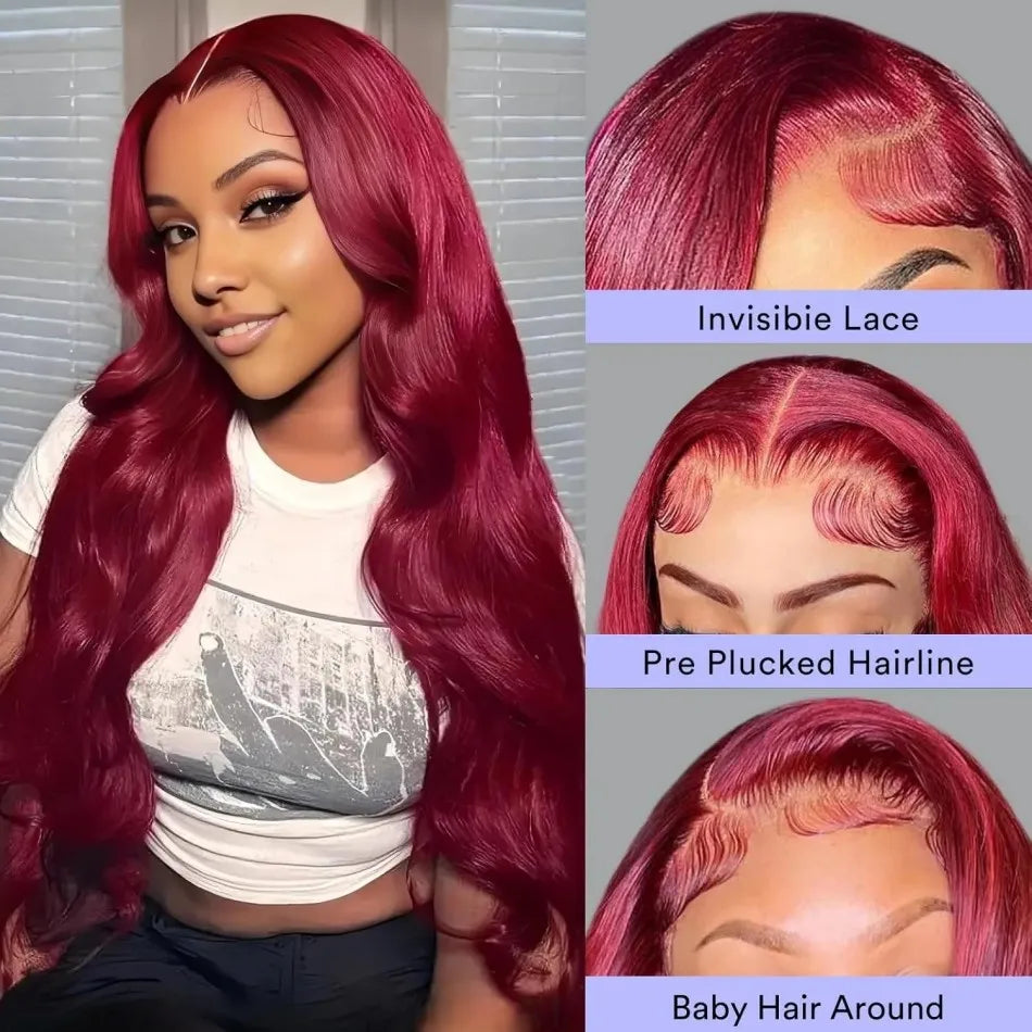 99J Burgundy 13x6 HD Lace Frontal Wig – 250% Density Body Wave, 30–36 Inch Red Colored