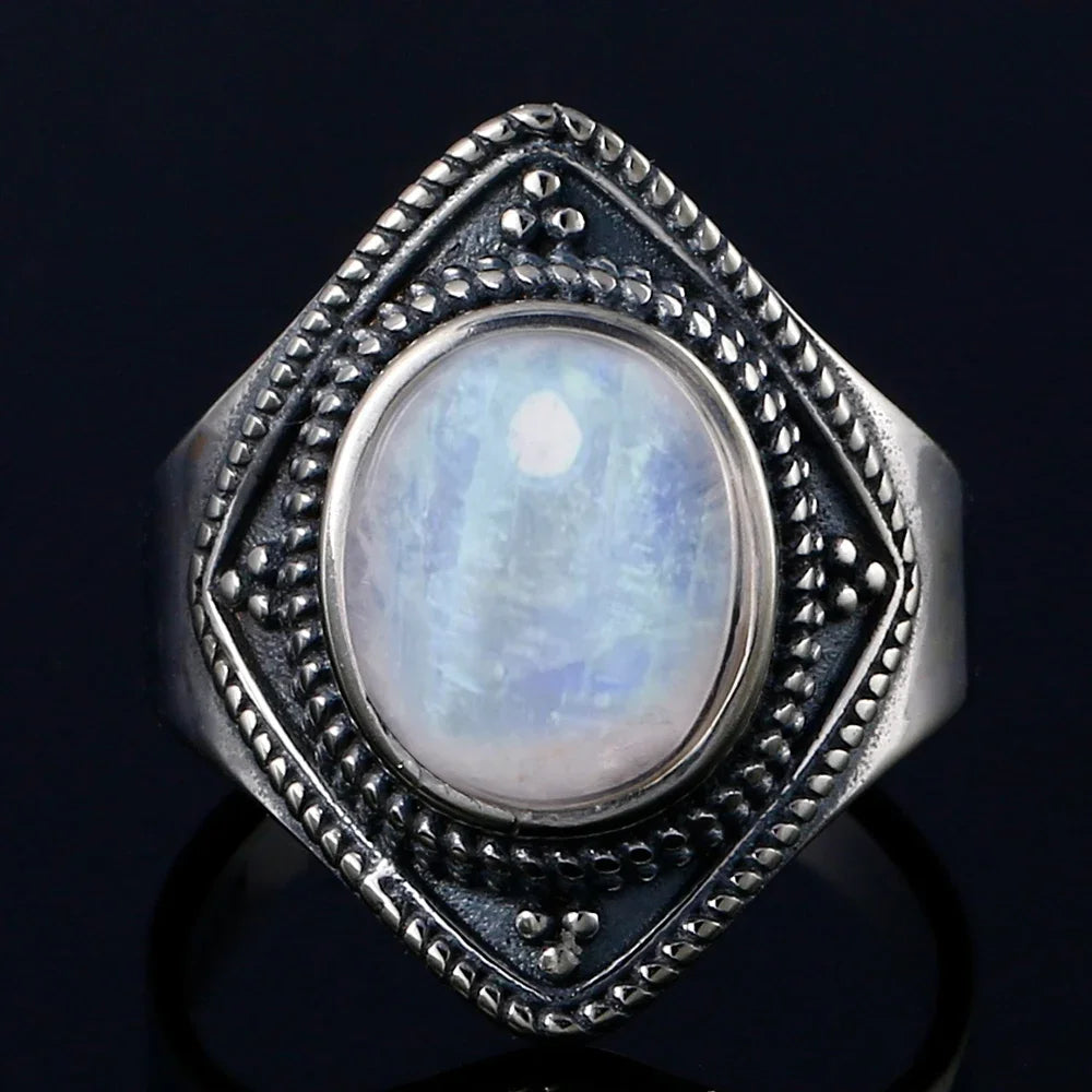 Round Oval Big Natural Moonstones Rings Women's Silver Plated Rings Gifts Vintage Fine Jewelry