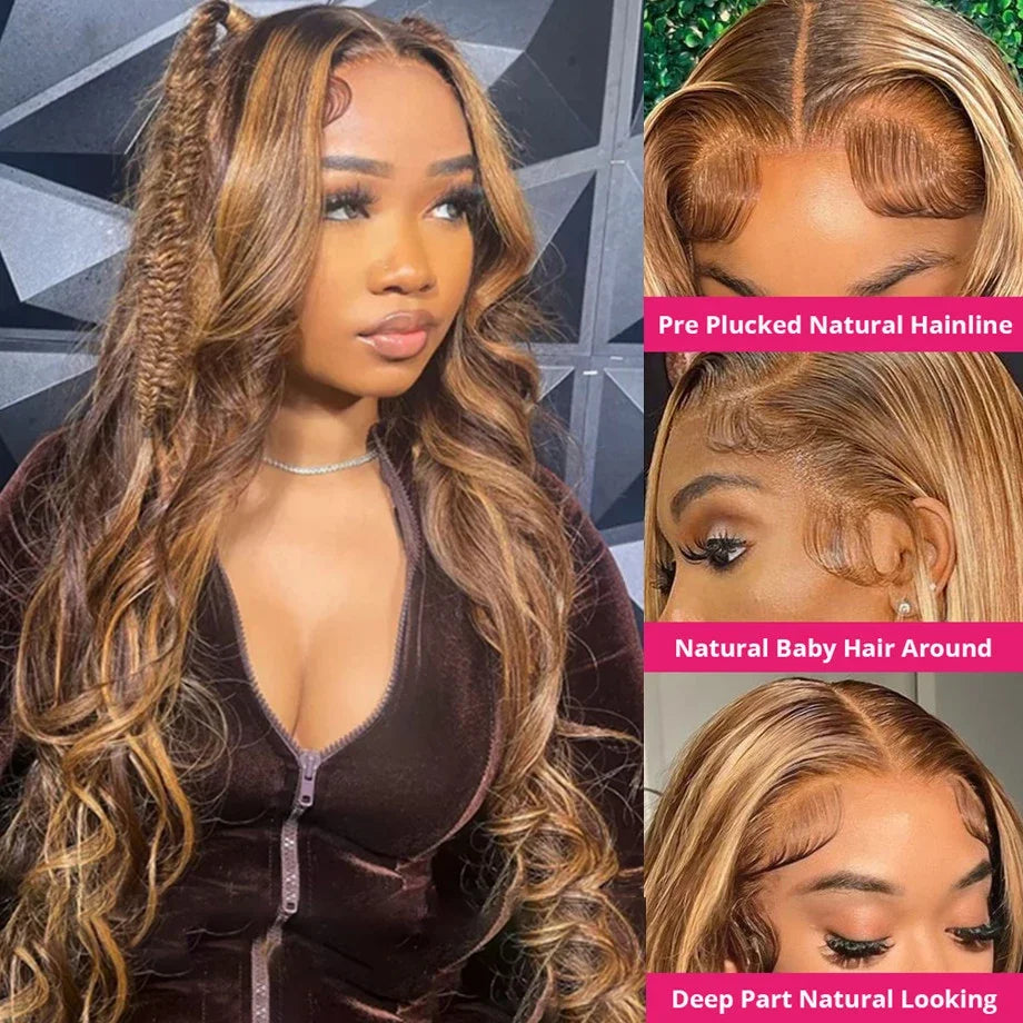 Honey Blonde Highlight Body Wave 13x6 HD Lace Frontal Wig – 4x4 & 5x5 Closure Options