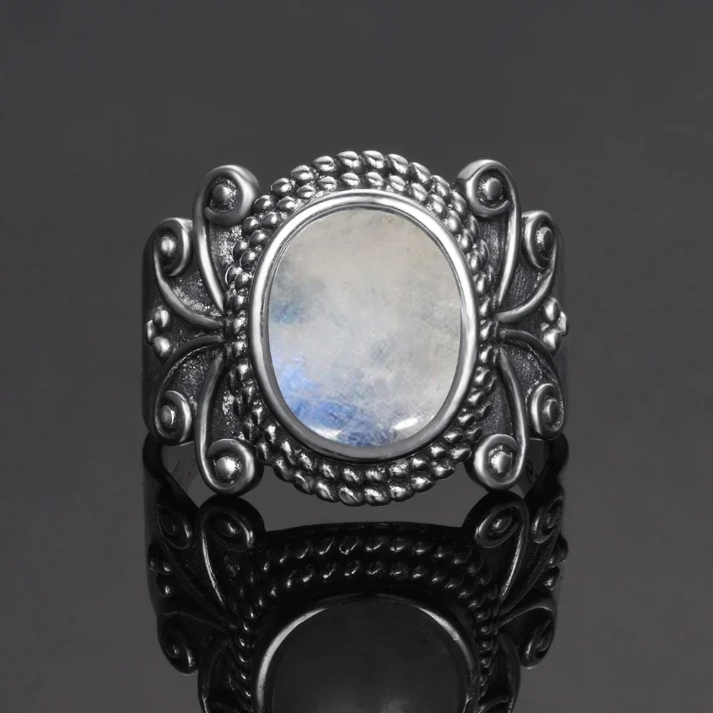 Round Oval Big Natural Moonstones Rings Women's Silver Plated Rings Gifts Vintage Fine Jewelry