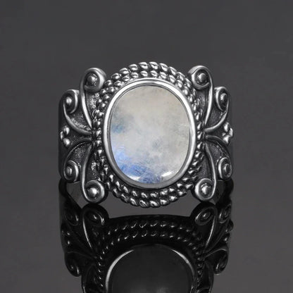 Round Oval Big Natural Moonstones Rings Women's Silver Plated Rings Gifts Vintage Fine Jewelry