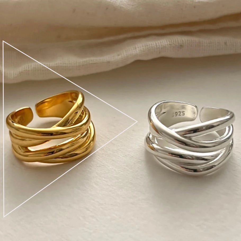 VENTFILLE 925 Sterling Silver Irregular Design Wave Golden Stackable Finger Rings Trendy Adjustable For Women Gifts Dropshipping