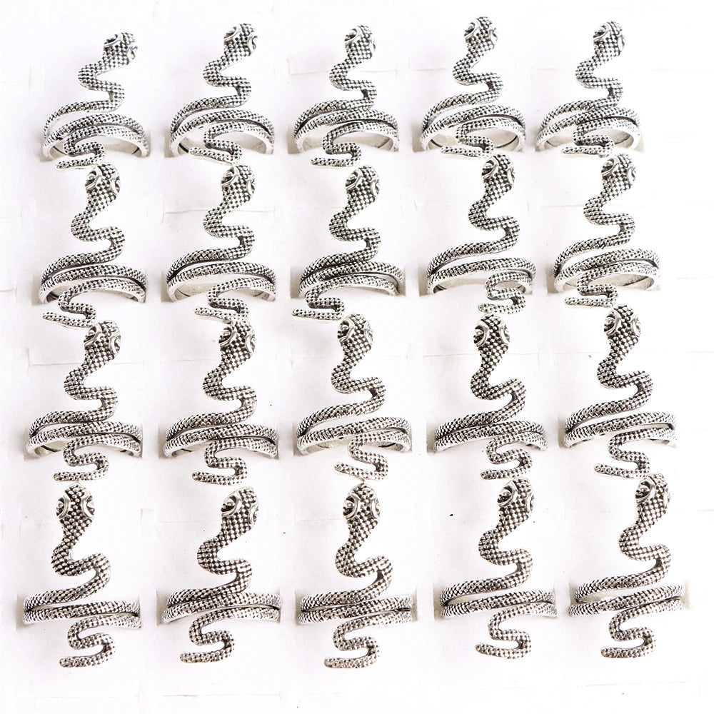 10pcs/lot Men Retro Punk Snake Rings For Women Antique Siver Color Opening Adjustable Jewelry Party Gifts
