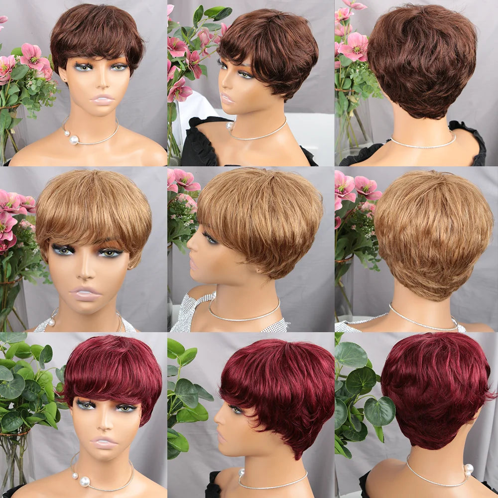 Brown Short Pixie Cut Wig – Human Hair with Bangs, Machine Made for Black Women