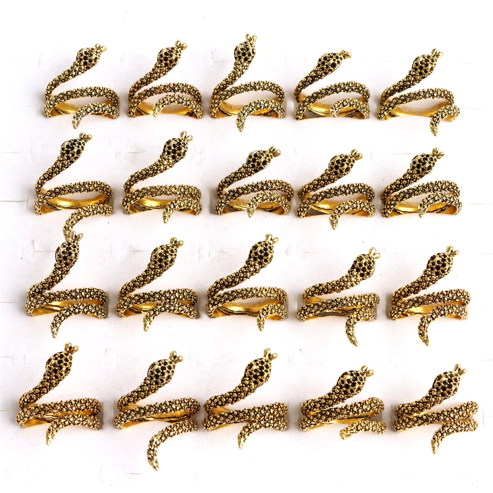 10pcs/lot Men Retro Punk Snake Rings For Women Antique Siver Color Opening Adjustable Jewelry Party Gifts