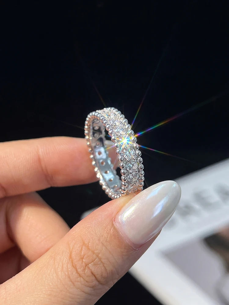 Luxury Full Real Round Moissanite Diamond Geometry Rings for Women Anniversary Wedding 925 Sterling Silver Fine Jewelry