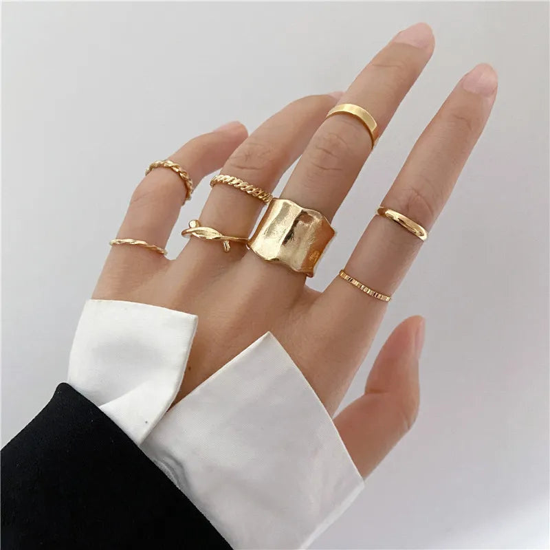 Boho Gold Color Cross Wide Rings Set For Women Girls Simple Chain Finger Tail Rings 2022 NEW Bijoux Jewelry Gifts Ring Female