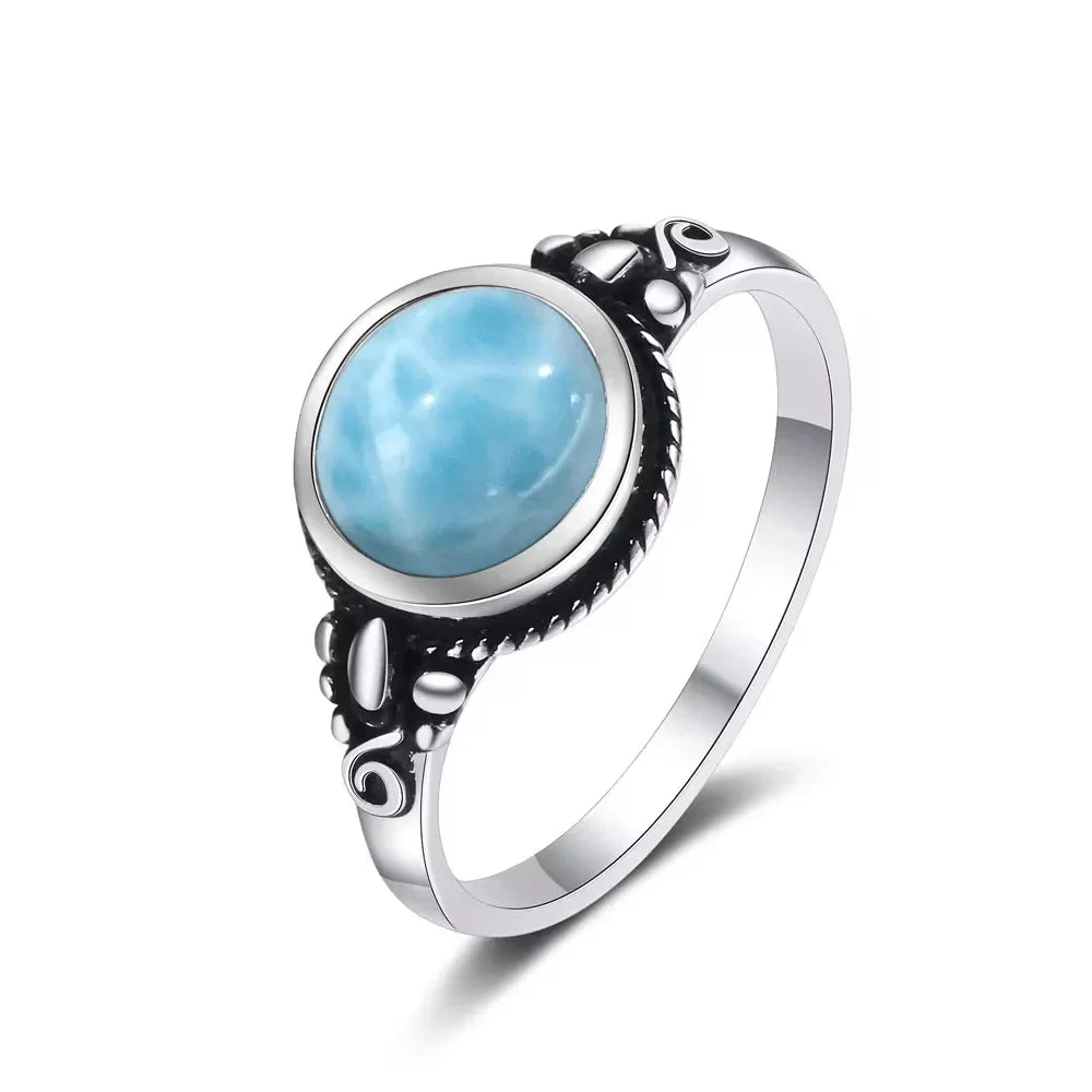 Vintage 925 Silver Natural Larimar Stone Ring Round Flower Shape Sky Blue Sea Water Ring Fine Jewelry Ring Gift For Women Men