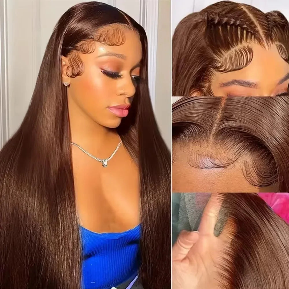 Chocolate Brown Straight 13x6 HD Lace Frontal Wig – Pre-Plucked 46 Inch, 13x4 Transparent