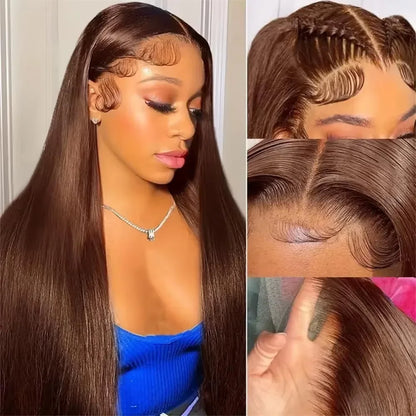 Chocolate Brown Straight 13x6 HD Lace Frontal Wig – Pre-Plucked 46 Inch, 13x4 Transparent