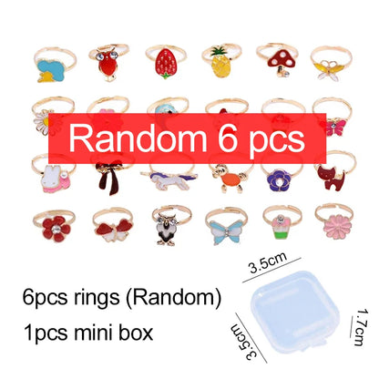 6/12/36pcs Cute Adjustable Rings for  Pretend Play Makeup Toys for Girls Cartoon Crystal Jewelry Alloy Rings Gifts for Girls