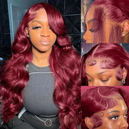 99J Burgundy 13x6 HD Lace Frontal Wig – 250% Density Body Wave, 30–36 Inch Red Colored