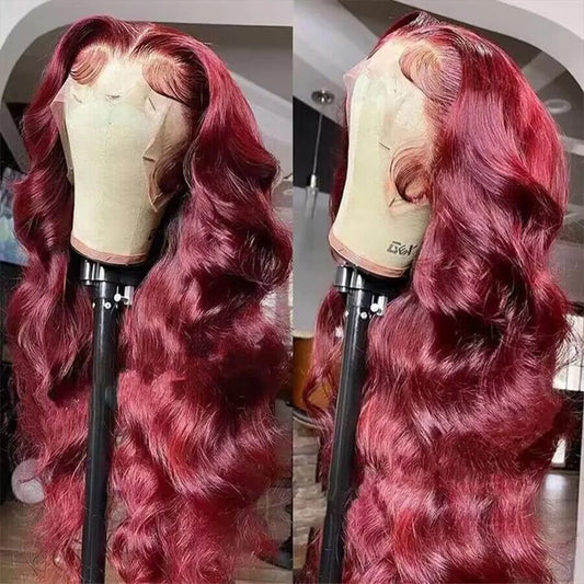 99J Burgundy 13x6 Lace Front Wig – Body Wave 200% Density, 30–36 Inch Red Colored