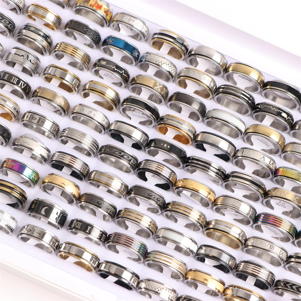 50Pcs/Lot Wholesale Different Rotatable Anxiety Fidgets Spinner Stainless Steel Rings Anti Stress Jewelry Gifts for Men Women