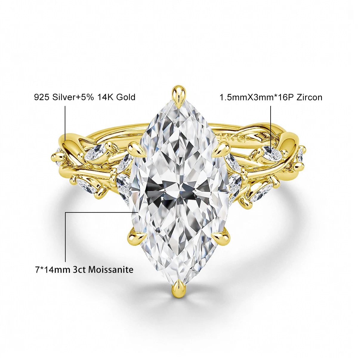 Real 14K Gold Filled Moissanite Wedding Ring 3CT Marquise Cut GRA Diamond Nature-Inspired Au585 Engagement Ring for Women