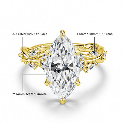 Real 14K Gold Filled Moissanite Wedding Ring 3CT Marquise Cut GRA Diamond Nature-Inspired Au585 Engagement Ring for Women