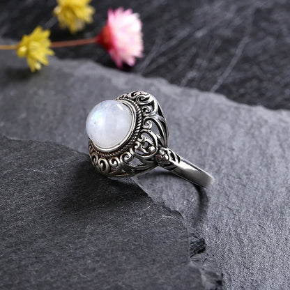 Round Oval Big Natural Moonstones Rings Women's Silver Plated Rings Gifts Vintage Fine Jewelry