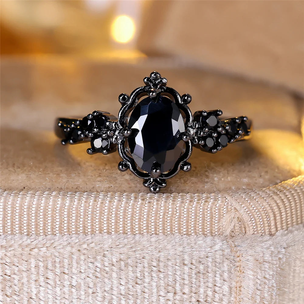 Luxury Female Balck Oval Zircon Stone Wedding Jewelry Promise Love Engagement Rings For Women