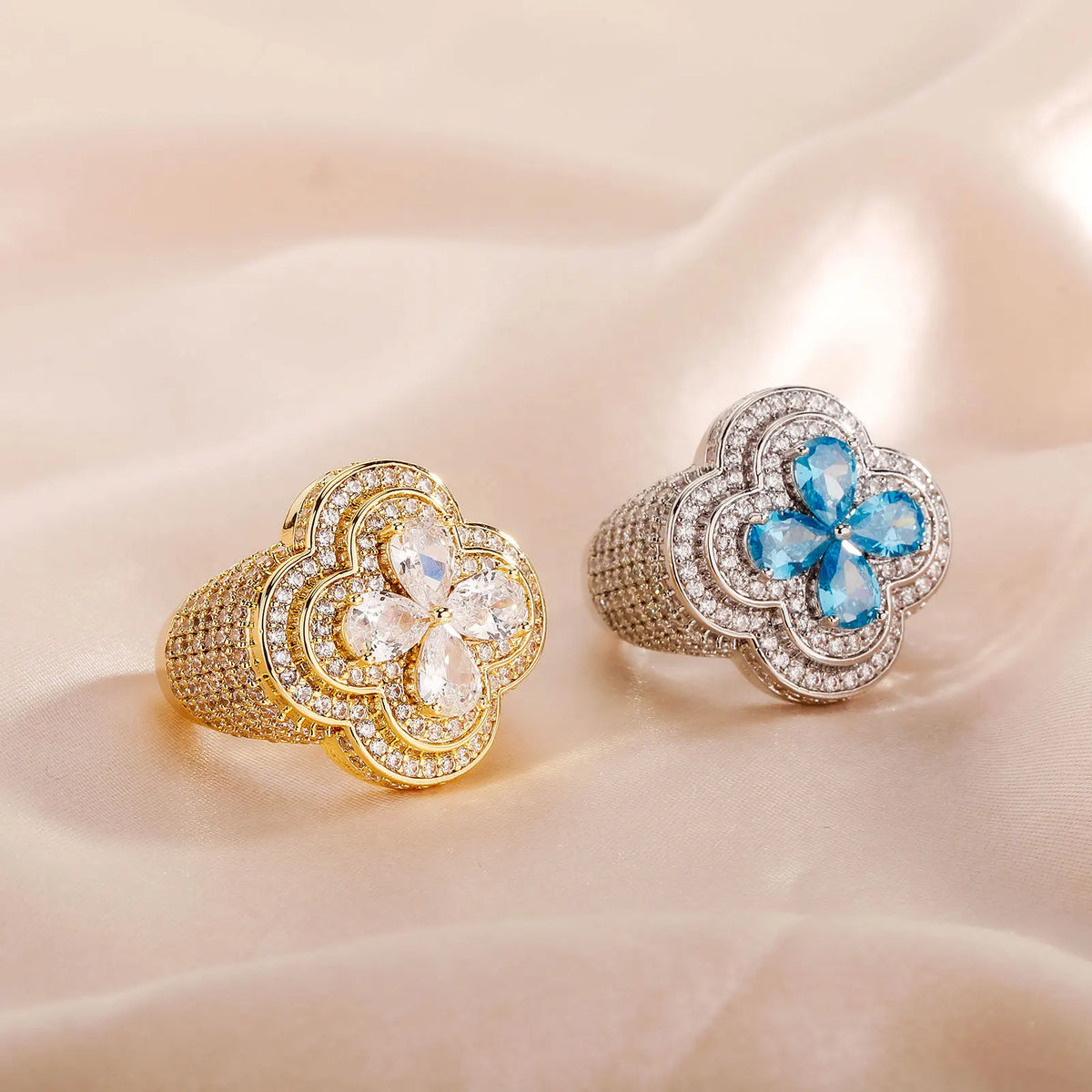 TOPGRILLZ Iced Out Colorful Four Leaf Flower Ring Bling Mirco Paved Cubic Zirconia Punk Rings For Men Women Jewelry