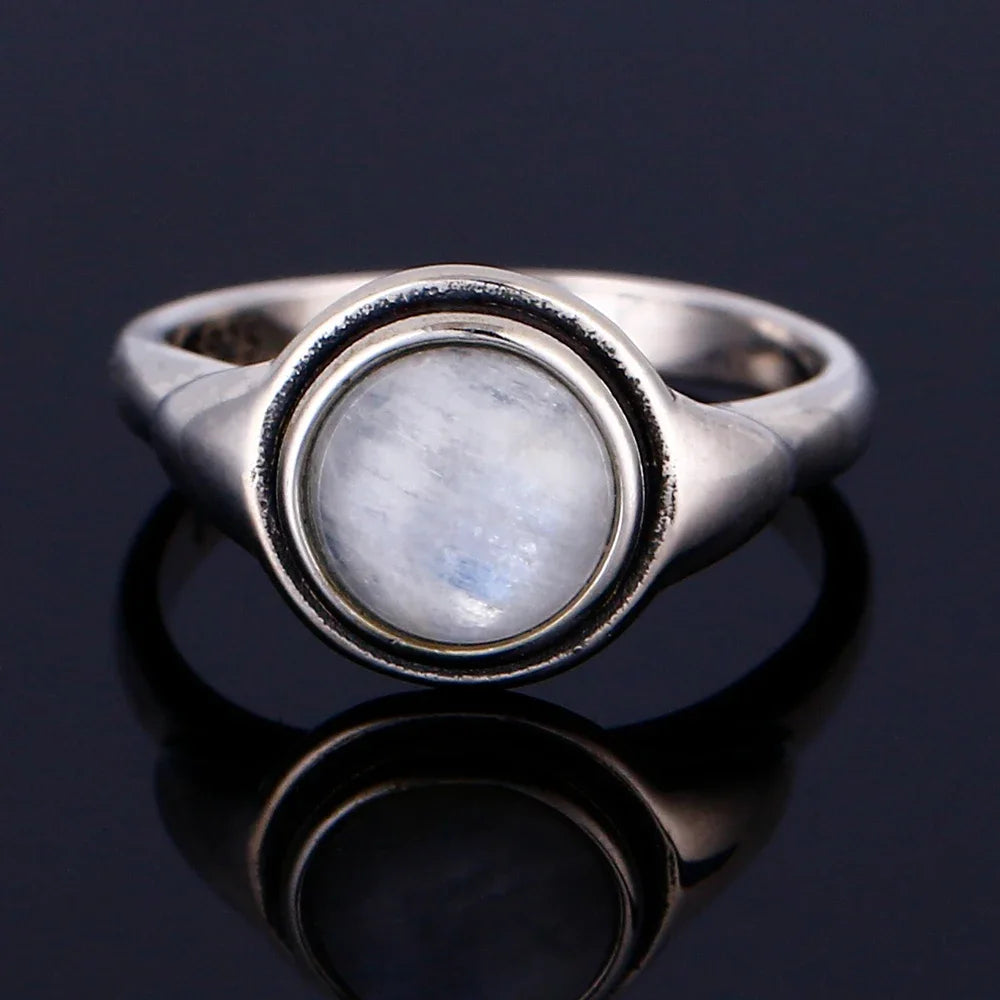 Round Oval Big Natural Moonstones Rings Women's Silver Plated Rings Gifts Vintage Fine Jewelry